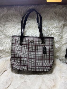 Coach Plaid Tote in Black and Burgundy